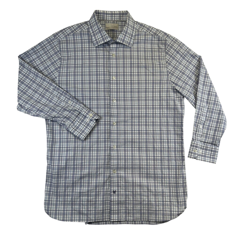 Hickey Freeman Dress Shirt Mens 15.5 32/33 Blue Plaid Classic Fit Stretch LS